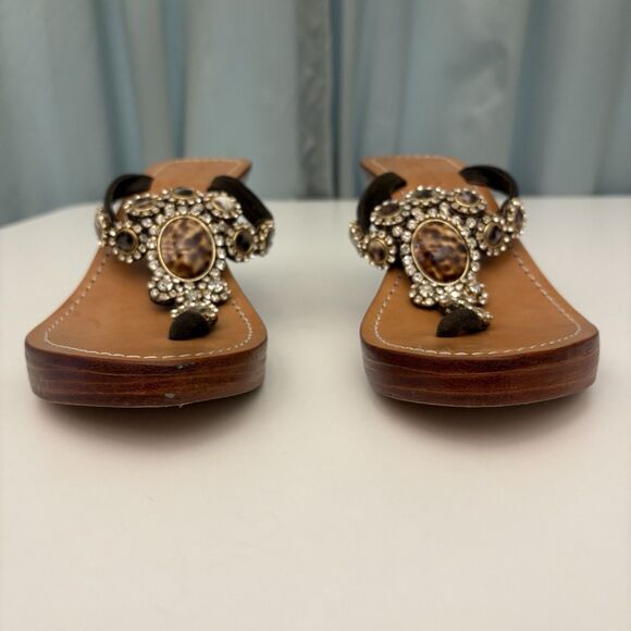 Wedge Thong Sandal Sz 8 Brown Leo Crystal Monique MobWives BarbieCorp‎ Embellish - Picture 5 of 7